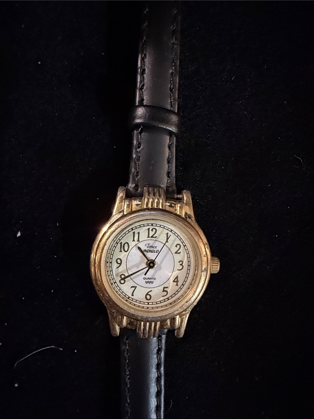 Timex Indeglow Gold-Tone Case with Black Leather Strap